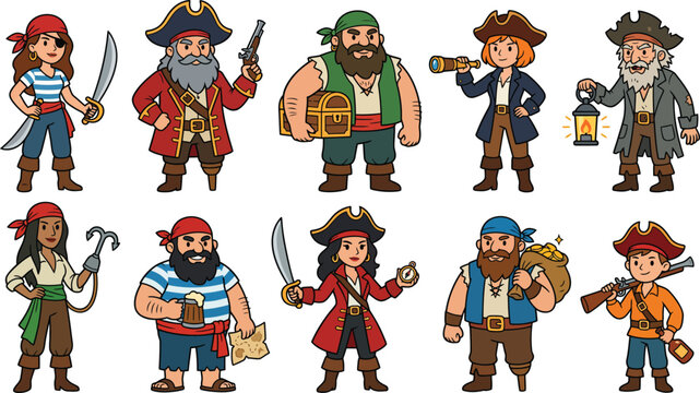 Cute pirate cartoon characters vector set, 10 pirate captain and sailor clip art, buccaneer illustrations for children design