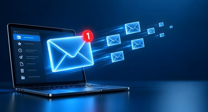 Glowing blue digital email envelopes flying out of a modern laptop screen representing automated newsletter marketing and fast online communication