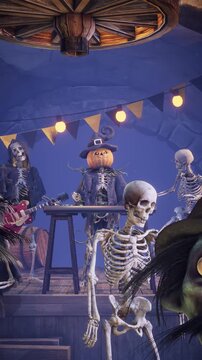 Funny scarecrow DJ with pumpkin head, zombie and spooky skeletons dancing at Halloween party, 3D animation