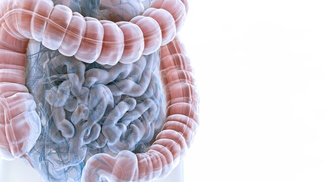 Detailed 3D medical illustration of the human large and small intestine anatomy on white background