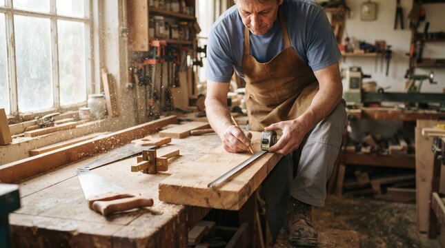 A senior carpenter wearing measures a wooden plank with a tape measure and pencil at a cluttered workbench in a rustic workshop.