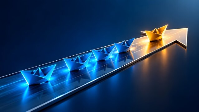 Golden paper boat leading a fleet of glowing blue boats forward on an arrow path symbolizing innovative corporate leadership and strategic business direction