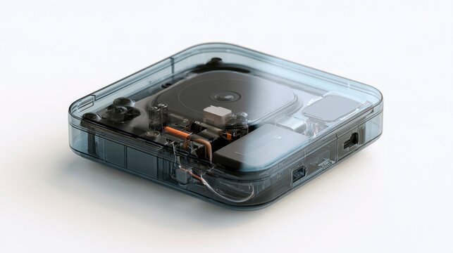 Modern electronic device with a sleek transparent casing showing internal hardware components