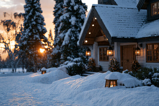 High quality composition of breathtaking holiday snow scene featuring a luxurious alpine cabin surrounded by towering snow-covered evergreen trees, glowing lanterns, elegant seasonal decorations,