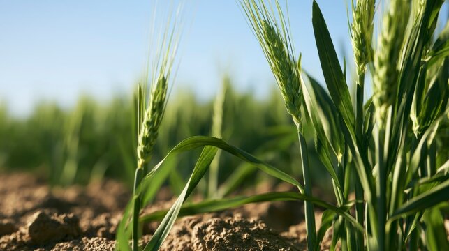 Fresh green wheat stalks growing in a fertile agricultural field under a clear blue spring sky