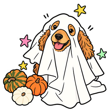 Cute Ghostly Merry Dog with Pumpkin and Stars in White Halloween Event Costume Celebration