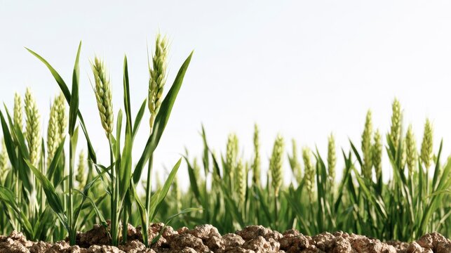 Fresh green wheat stalks growing in a fertile field under a bright clear morning sky background
