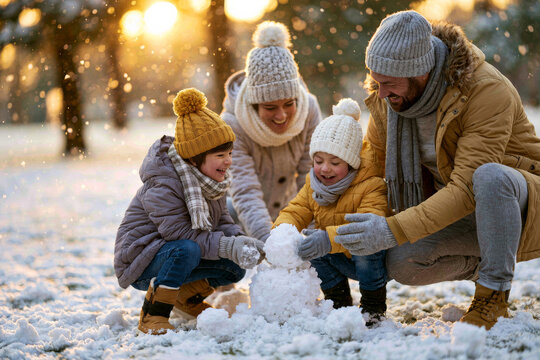 Joyful family building a snowman in a peaceful snow-covered park with gently falling snow, cozy winter clothing, golden morning sunlight, , , , premium , clean bright winter atmosphere
