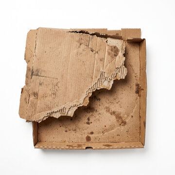 Empty and torn pizza box on a white background  