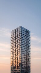 Fototapeta premium A sleek glass skyscraper reflecting the warm hues of a setting sun against a clear blue sky