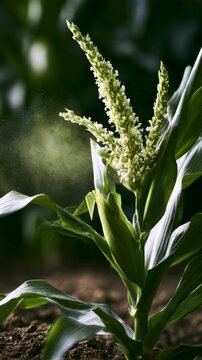 Close up of a corn plant tassel releasing golden pollen in a sunlit agricultural field setting