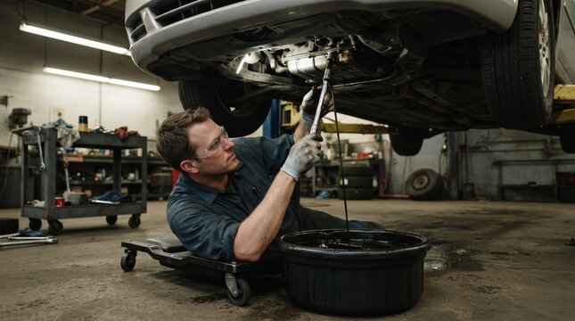 A mechanic lies under a lifted vehicle draining oil into a container while inspecting the undercarriage in a busy auto repair garage.