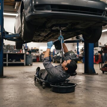 A mechanic lies under a lifted vehicle draining oil into a container while inspecting the undercarriage in a busy auto repair garage.