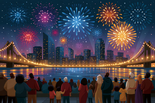 Close-up of expansive metropolitan waterfront with families and friends watching synchronized fireworks above modern skyscrapers, glowing bridges and shimmering reflections, premium