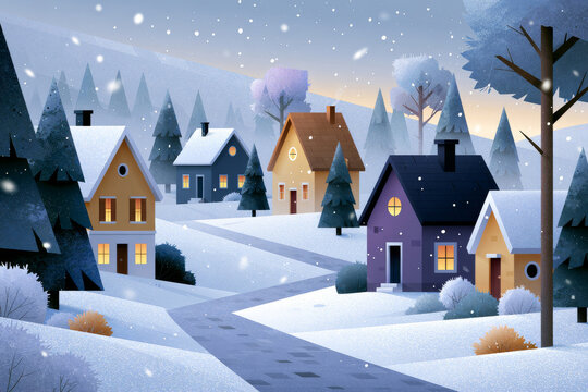 Elegant snowy village with charming cottages, winding pathways, frosted trees and soft falling snow, bright seasonal atmosphere