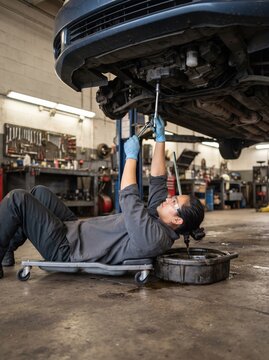 A mechanic lies under a lifted vehicle draining oil into a container while inspecting the undercarriage in a busy auto repair garage.