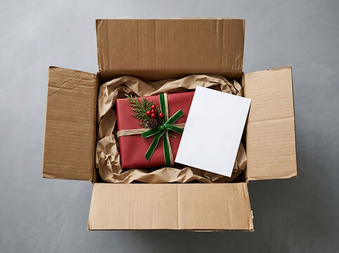 Open cardboard box with christmas gift, green ribbon, holly berries and blank card inside