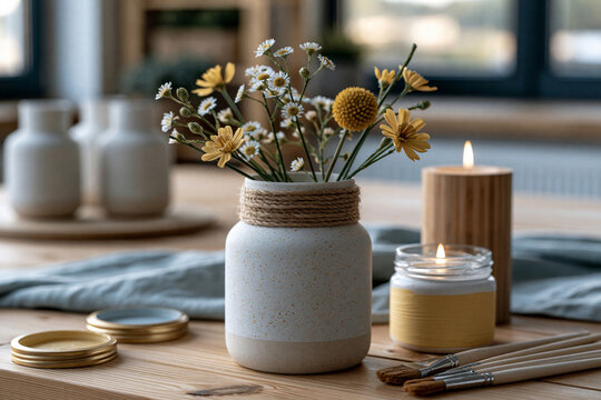 Close-up of minimalist diy decorating workspace with ceramic vases ready for painting, neutral color palette, clean wooden table and soft daylight, premium advertising composition