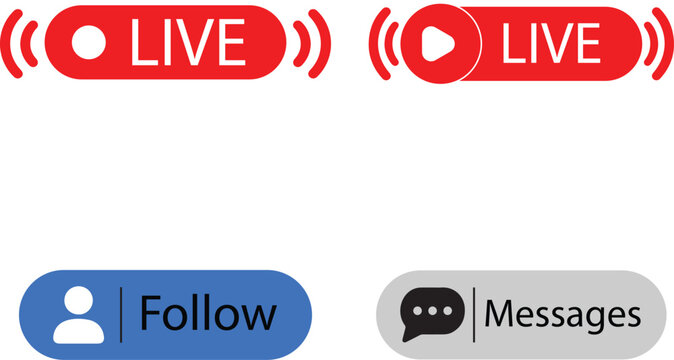 Set of live stream, follow, and messages vector icons and user interface elements featuring red, blue, and gray badge buttons for social media communication and broadcasting