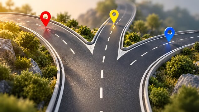 Highway fork splitting into three different directions with colorful navigation pins representing business strategy choices and alternative career paths