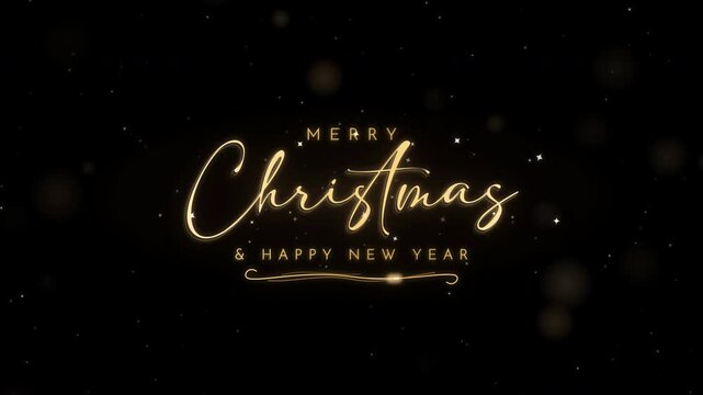 Golden calligraphic Merry Christmas and Happy New Year glowing banner, seamless loop animation