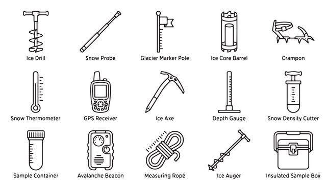 Glaciology equipment icons vector set, scientific research tools and arctic exploration gear symbols