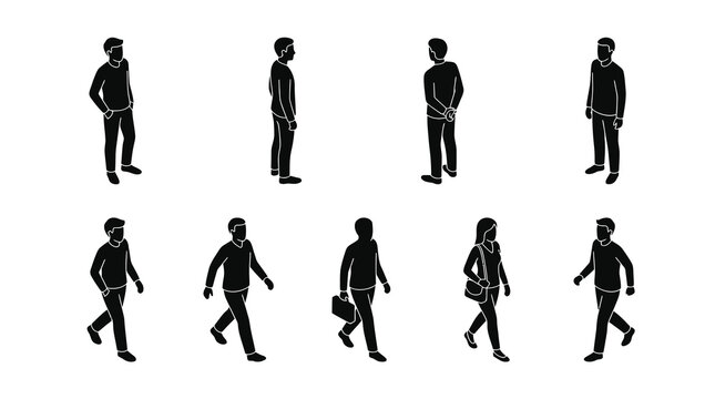 Set of isometric people silhouettes walking and standing isolated on white background for architecture design.