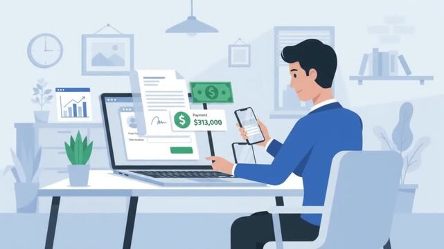 Businessman making online payment transaction and verifying mobile banking data on laptop and smartphone