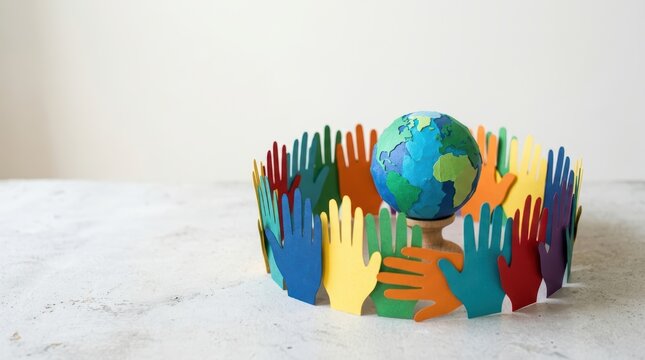 Colorful paper hands reaching out to embrace a small globe, representing global support and interconnectedness