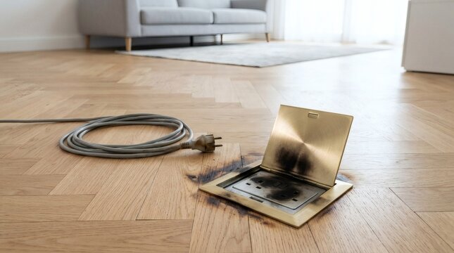 Burned electrical floor socket with cable on wooden parquet floor in living room