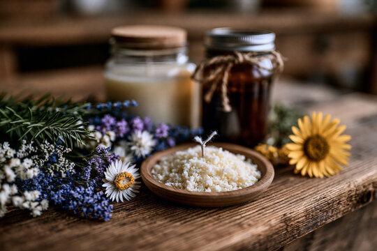 Visual concept of rustic diy candle making setup with soy wax, glass jars, cotton wicks and dried flowers arranged neatly on a farmhouse table, soft morning light