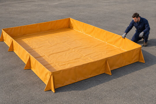 Worker setting up a portable spill containment berm outdoors
