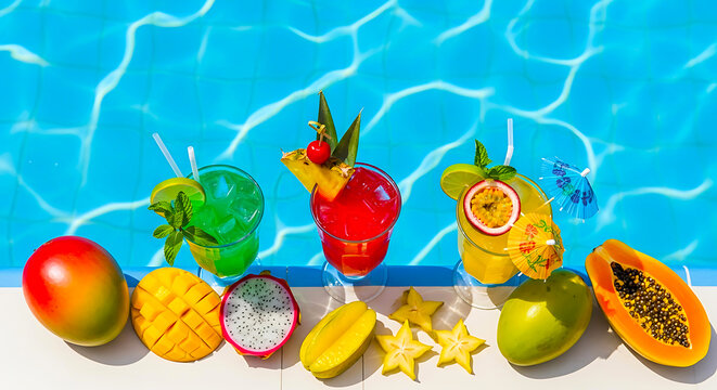 Fresh colorful tropical cocktails with exotic fruits next to a turquoise swimming pool poolside drinks summer cocktails dragon fruit star fruit pool water vacation drinks colorful beverages