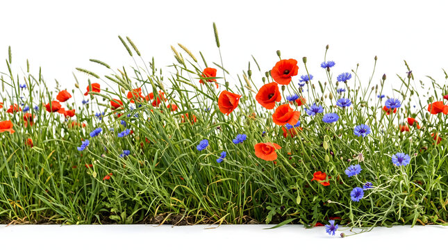 Vibrant blooming red field poppies and blue cornflowers growing with lush green wild meadow grass in horizontal botanical border row isolated on pure white background for spring banner design