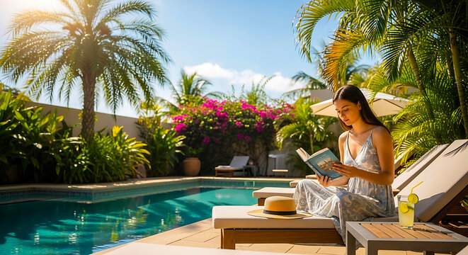 Woman relaxing and reading a book by the swimming pool in a tropical resort with palm trees tropical relaxing vacation lifestyle sunlight peaceful tranquil poolside