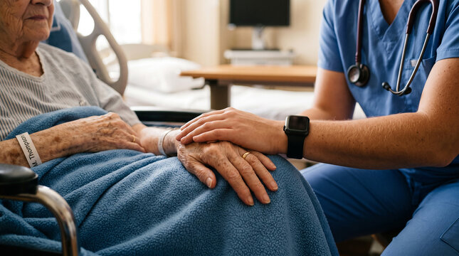 A compassionate healthcare worker in blue scrubs gently holds the hand of an elderly patient sitting in a hospital bed with a blue blanket