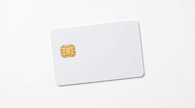 Blank White Credit Card Mockup with Gold Chip on White Surface