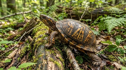 Obraz premium A Brown Turtle Crawls Over a Mossy Log in a Lush Forest