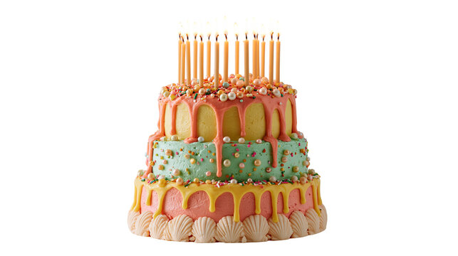 Three-tier pastel birthday cake with colorful sprinkles and tall yellow candles