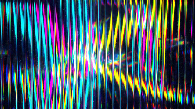 Abstract vertical digital glitch screen distortion texture displaying bright neon cyan magenta and yellow scan lines with chromatic aberration noise for modern cyberpunk technology background