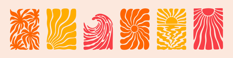 Fototapeta premium Set of colorful yellow, pink, orange psychedelic 70s, 60s style groovy summer poster, organic irregular shape spiral swirl sun, coconut palm tree, ocean wave. Surfing, yoga, beach vacations background