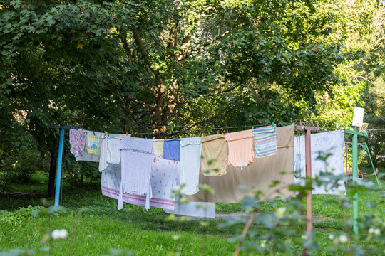 Laundry drying outdoors on clothesline in green residential yard during sunny summer day