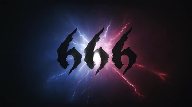 Red and blue lightning forming the number 666, horror seamless vj loop for scary movies, occult and dark fantasy scenes