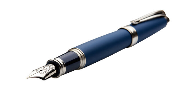Elegant matte blue fountain pen with silver trim and engraved metal nib