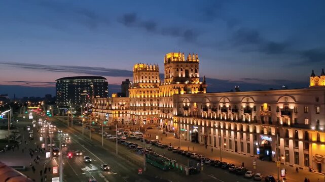 Illuminated Historic City Boulevard and Architecture at Dusk in Minsk, Belarus