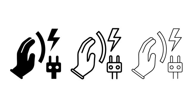 Static electricity warning with hand near plug, three style icons