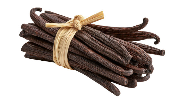 Bundle of dried dark brown vanilla bean pods tied with a natural raffia string