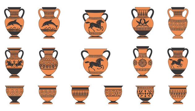 Ancient Greek ceramic amphorae showcasing dolphins and running horses in classic black figure.