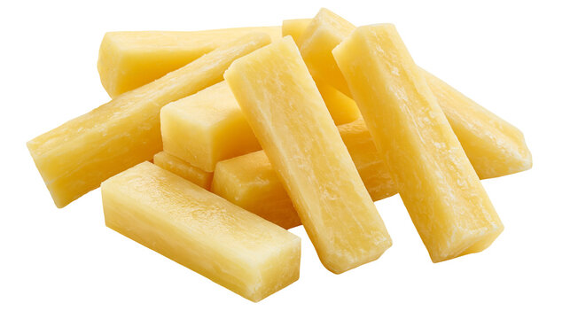 Raw peeled potato sticks cut into rectangular batons for cooking