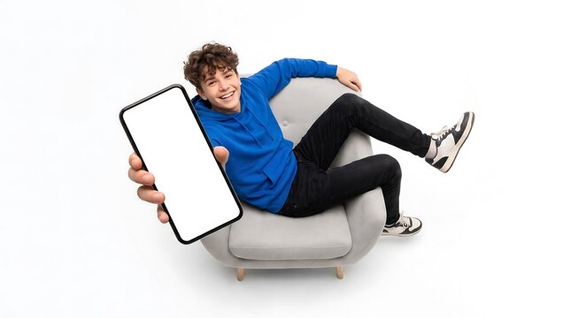 Boy Holding Smartphone and Armchair 2k Visual Composition with Clean Studio Lighting for Commercial Advertising
